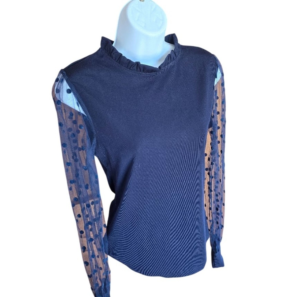 B Mesh Polka Dot Sleeve Ruffle Neck Top Women S Navy Blue Romantic Chic Parisian